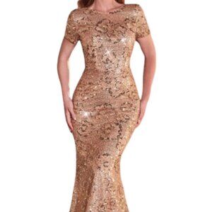 NWT Ladivine CC3700 Sequined Formal Gown Rose gold Size 4